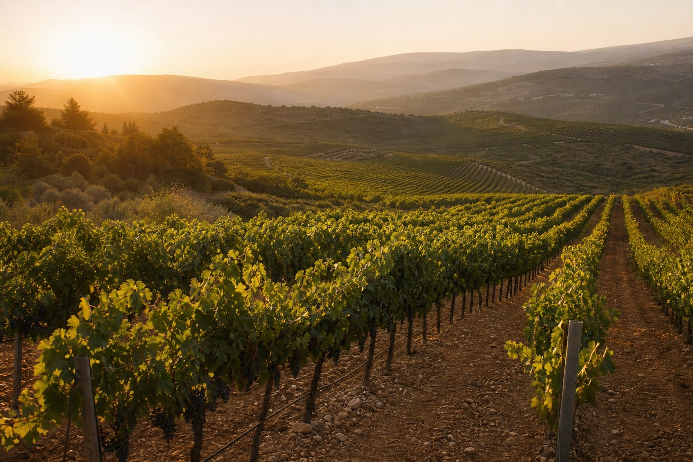 Upper Galilee vineyard rows at golden hour